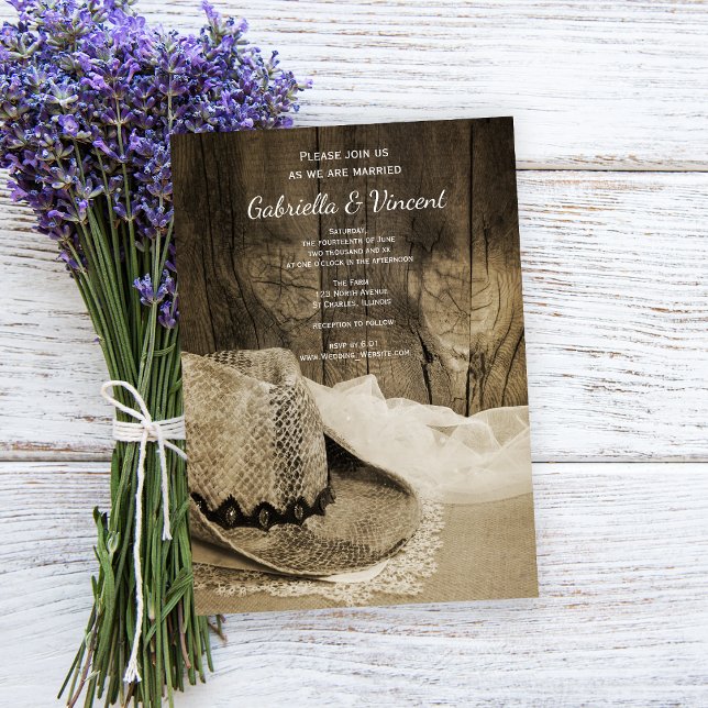 Cowboy Hat Barn Wood Country Western Wedding Sepia Einladung (Von Creator hochgeladen)
