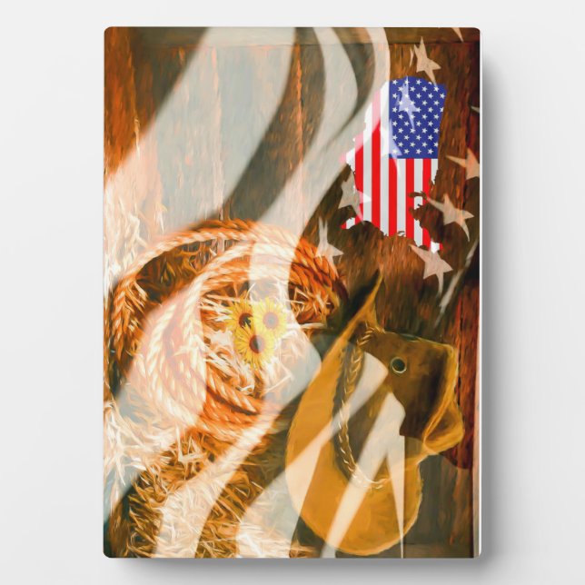 Cowboy Hat Lasso American Flag Sunrays Fotoplatte (Vorderseite)