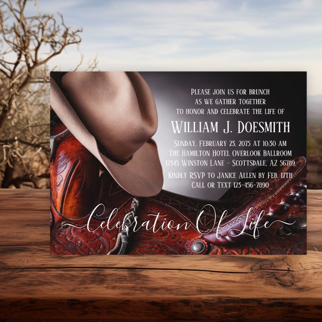 Cowboy Hat Saddle-Beerdigungsdienst Einladung (Hat and saddle memorial invitation. Simply add your event details.)