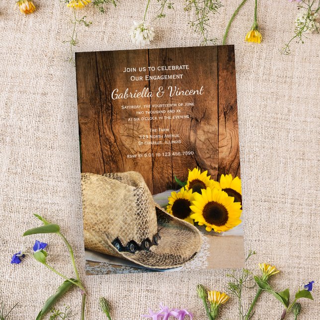 Cowboy Hat, Sonnenblumen Barn Wood Engagement Part Einladung (Von Creator hochgeladen)