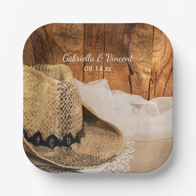 Cowboy Hat und Barn Wood Western Hochzeit Pappteller (Vorderseite)
