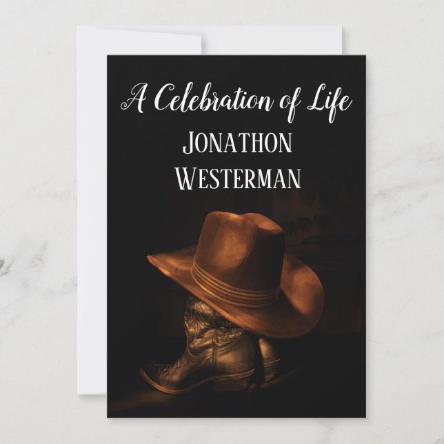 Cowboy Hat und Boots Celebration of Life Einladung (Vorderseite)