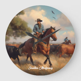 Cowboy Herding Cattle on Horseback Große Wanduhr