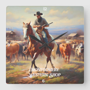 Cowboy Herding Cattle on Horseback Quadratische Wanduhr