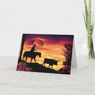 Cowboy Herding Longhorn Steer Karte