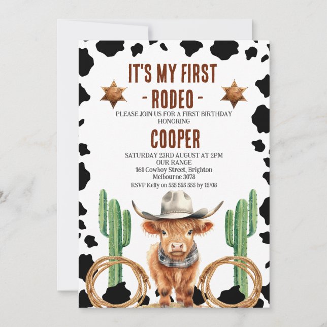 Cowboy Highland Cow meine erste Rodeo 1. Geburtsta Einladung (Vorderseite)