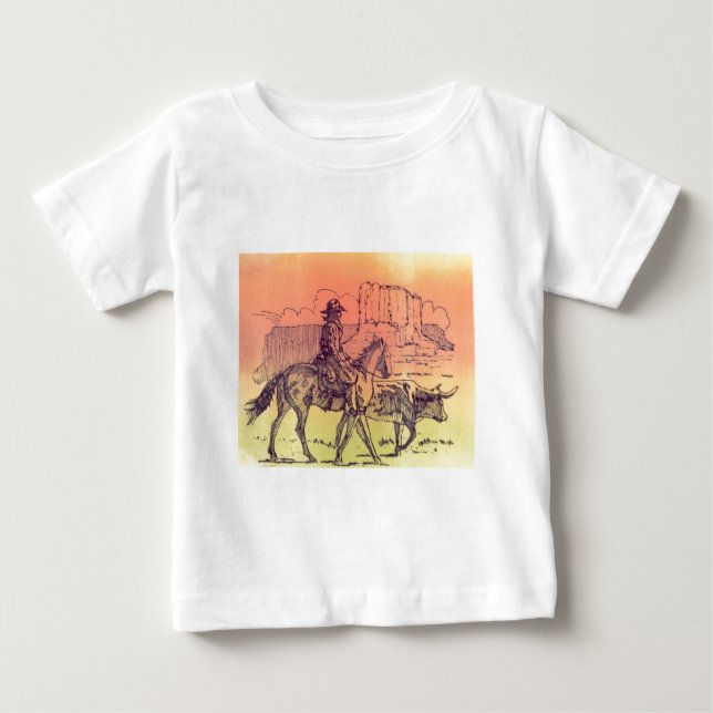 Cowboy Horse Steer Rinderkuh Western Sunset Art Baby T-shirt (Vorderseite)