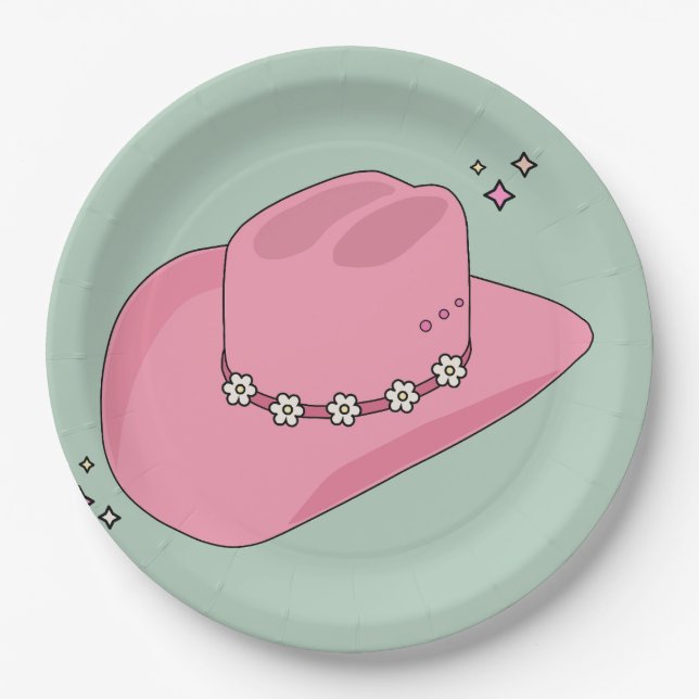 Cowboy Hut, pink und grün Pappteller (Vorderseite)