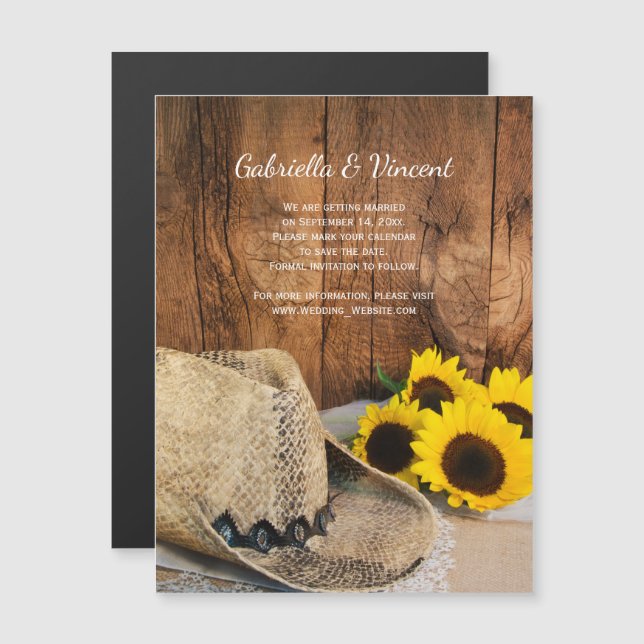Cowboy-Hut, Sonnenblumen-Barn-Hochzeit Retten Sie  Magneteinladung (Vorne/Hinten)