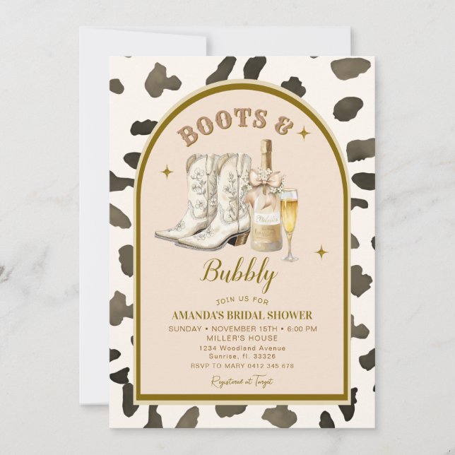 Cowboy Ivory Boots & Bubbly Brautparty Einladung (Vorderseite)