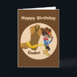 Cowboy Kids Custom Hispanic Boy Happy Birthday Karte<br><div class="desc">Eine niedliche individuelle Cowboy-Geburtstagskarte mit einem hispanischen oder afroamerikanischen Bauernkind,  das sich gegen einen riesigen Cowboy lehnt und seinen braunen Hut mit einem gelben Stern kippt. Ein großartiges Landesgeschenk personalisiert mit ihrem Namen.</div>