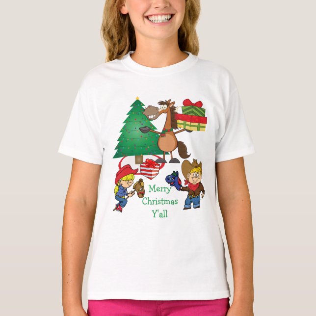 Cowboy Kinder und Pferde Cartoon T - Shirt (Vorderseite)