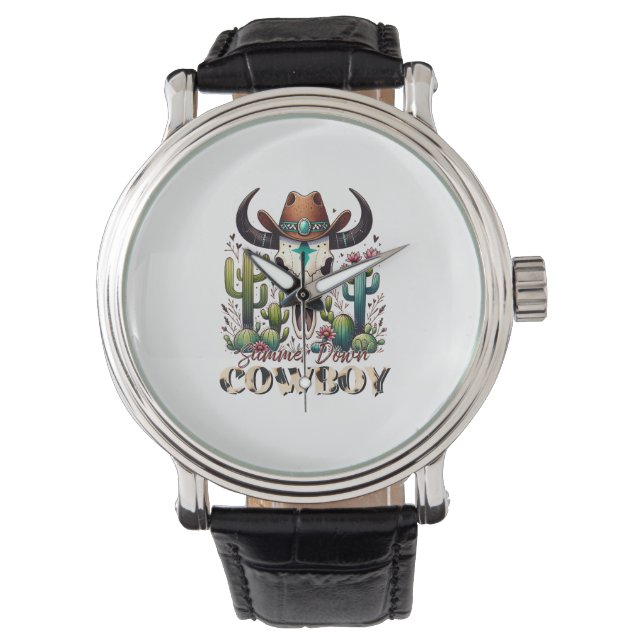Cowboy-Kuh Skull-Western-Kaktus Armbanduhr (Vorderseite)