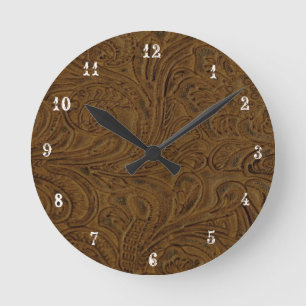 Cowboy-Land Brown bearbeitete lederne Blick-Uhr Runde Wanduhr