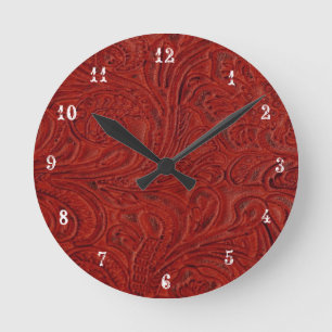 Cowboy-Land-Rot bearbeitete lederne Blick-Uhr Runde Wanduhr