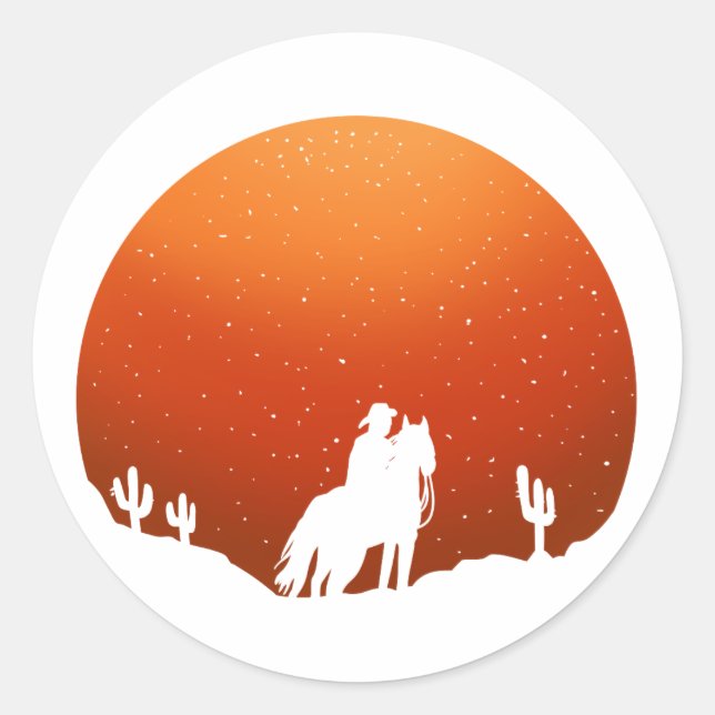 Cowboy mit Pferd Wilder West Sonnenuntergang Lands Runder Aufkleber (Vorderseite)