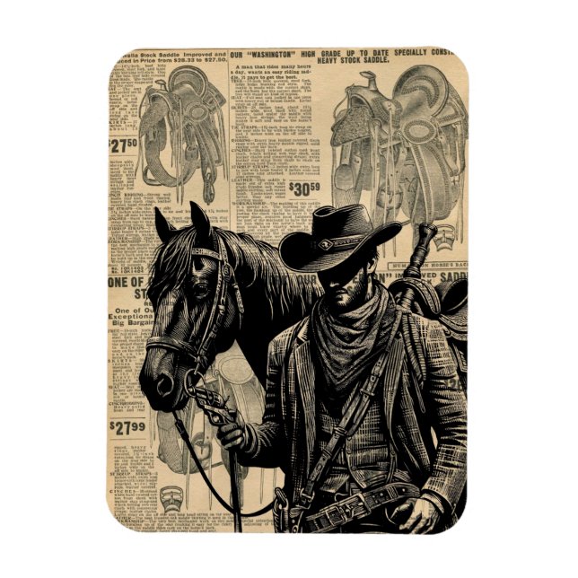 Cowboy mit Pferdeillustrierung Western Art Magnet (Vertikal)