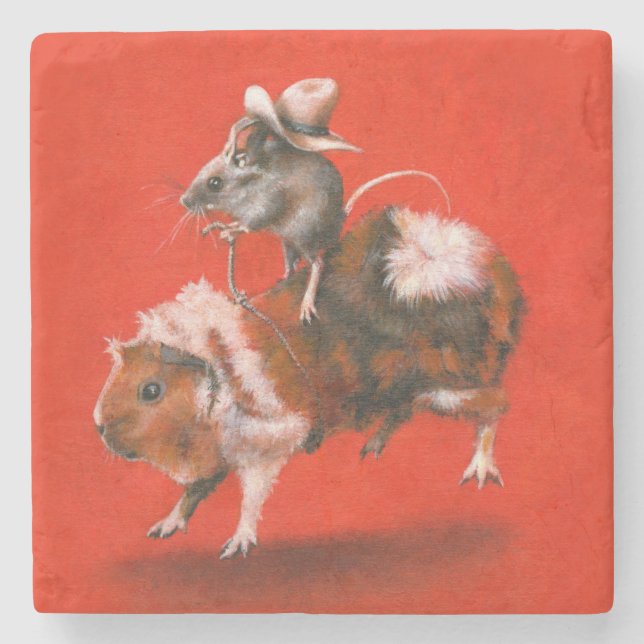 Cowboy Mouse Riding Guinea Schweinestein Untersetz Steinuntersetzer (Vorderseite)