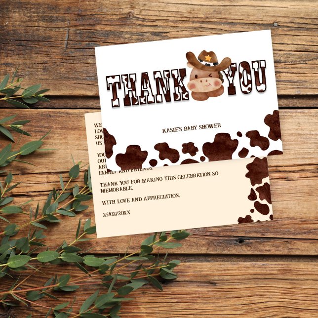 Cowboy niedliches Kinderpferd Western Babydusche Dankeskarte (Cowboy cute baby horse western baby shower thank you card brown cow pattern ranch hacienda farm)
