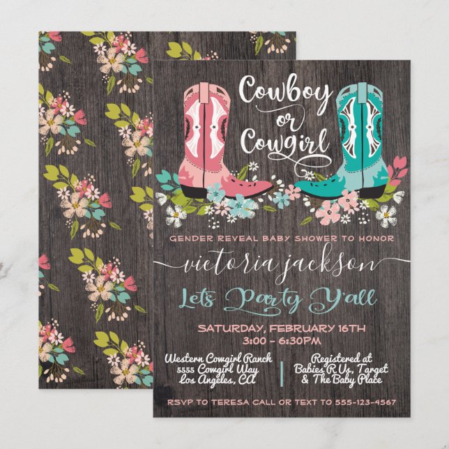 Cowboy oder Cowgirl Baby Shower Gender Reveal Einladung (Vorne/Hinten)