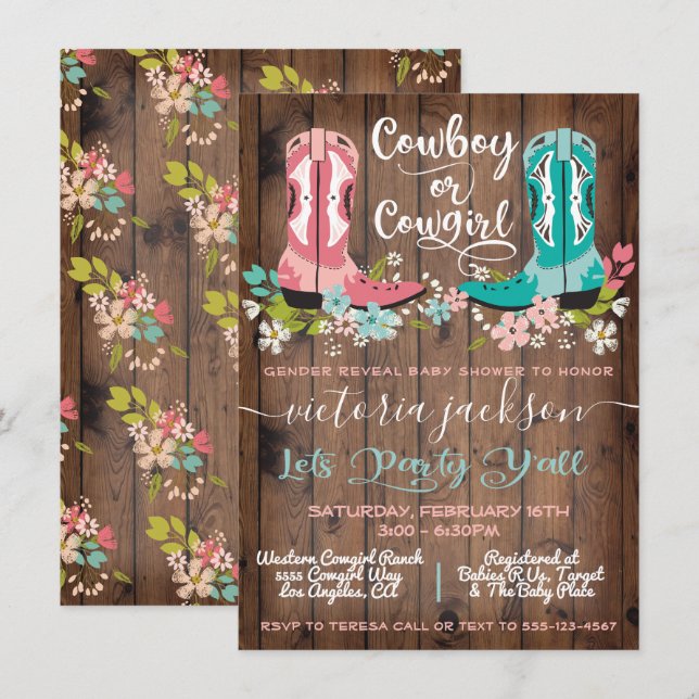 Cowboy oder Cowgirl Baby Shower Gender Reveal Invi Einladung (Vorne/Hinten)