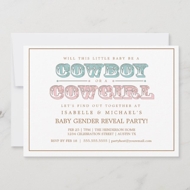 Cowboy oder Cowgirl Country Baby Gender Reveal Par Einladung (Vorderseite)