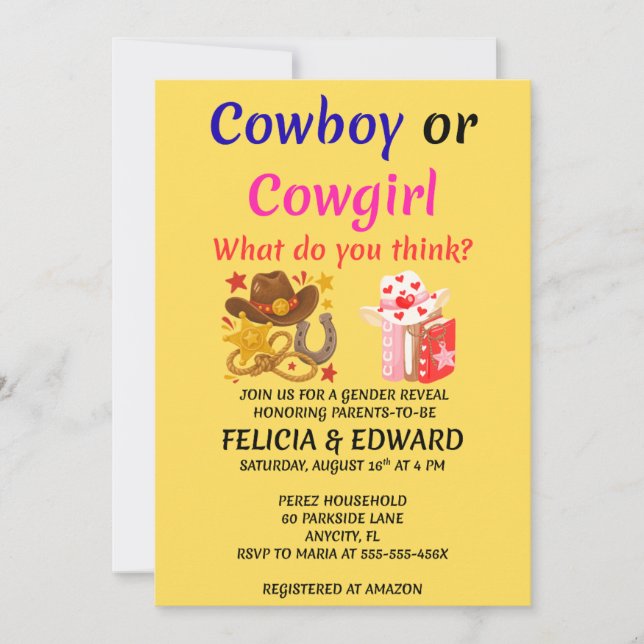 Cowboy oder Cowgirl Geschlecht Enthüllung Einladun (Vorderseite)