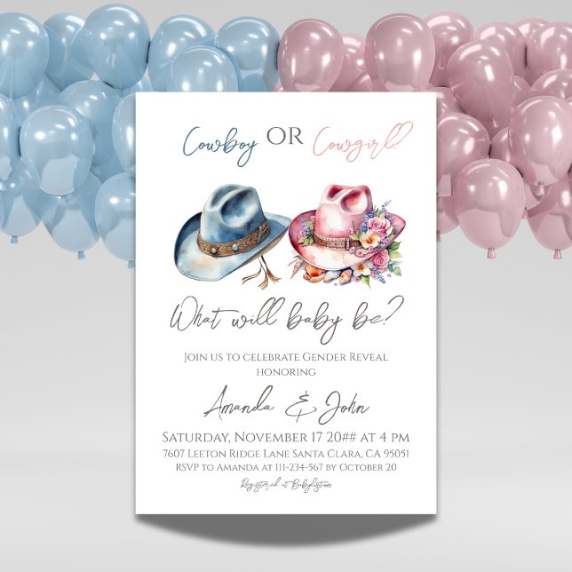 Cowboy oder Cowgirl hats Blue Pink Gender Reveal Einladung (Von Creator hochgeladen)