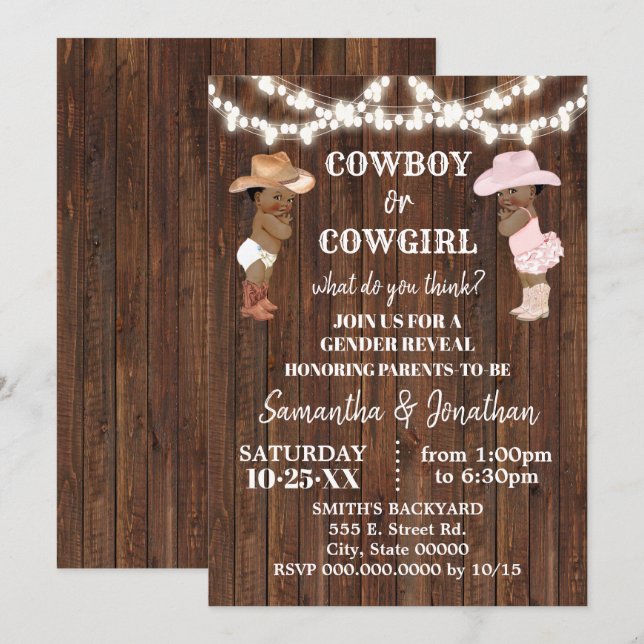 Cowboy oder Cowgirl Western Gender Reveal Dusche Einladung (Vorne/Hinten)