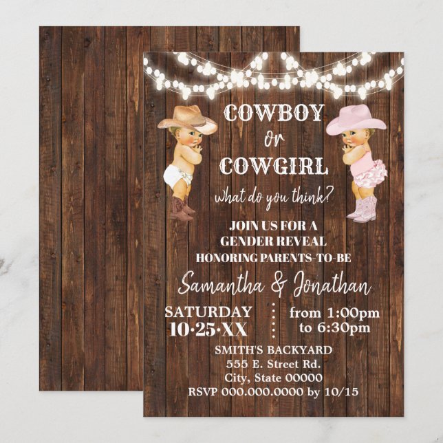 Cowboy oder Cowgirl Western Gender Reveal Dusche Einladung (Vorne/Hinten)