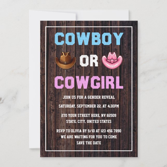 Cowboy oder Cowgirl Western Gender Reveal Einladung (Vorderseite)