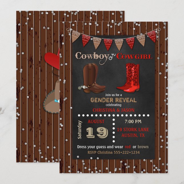 Cowboy oder Cowgirl Western Gender Reveal Red Brow Einladung (Vorne/Hinten)