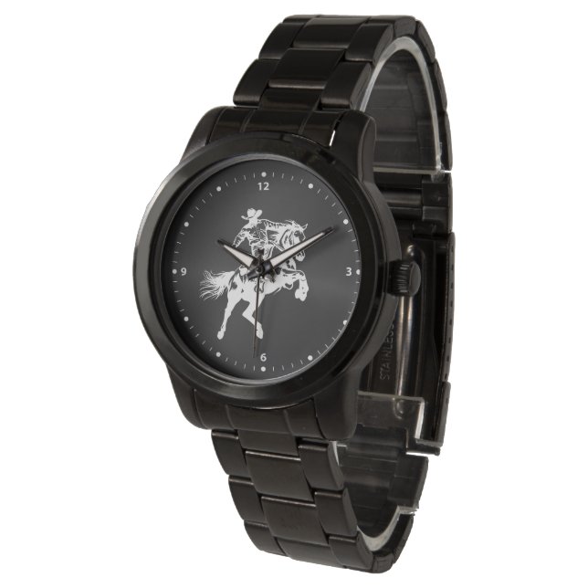 Cowboy on a Horse Black Face White Numerals Armbanduhr (Schrägansicht)