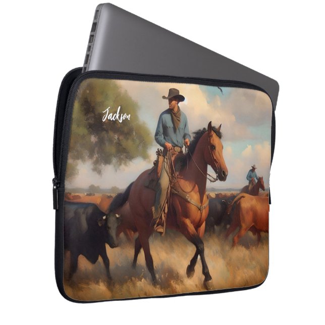Cowboy on Bay Horse and Cattle Laptopschutzhülle (Vorne Rechts)