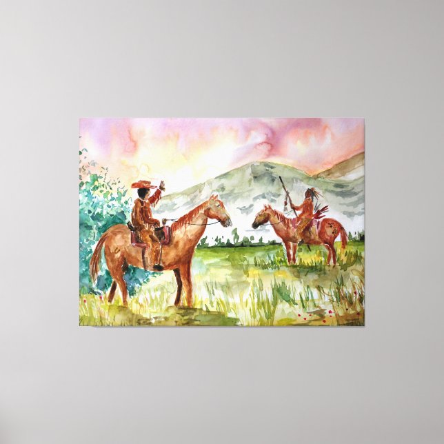 Cowboy on Horse trifft Indianer Leinwanddruck (Vorderseite)