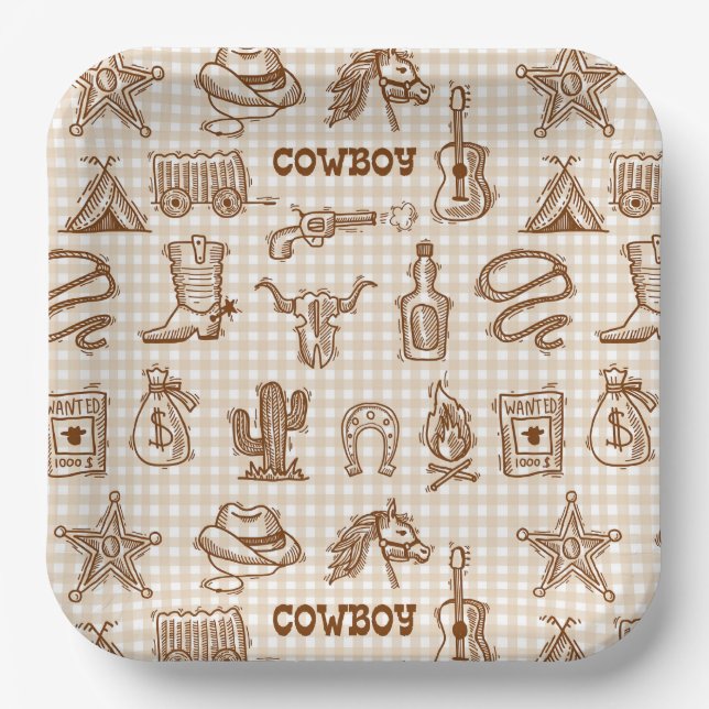 Cowboy-Papierteller, Western-Rodeo-Party Pappteller (Vorderseite)