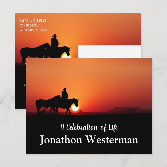 Cowboy-Pferd bei Sonnenuntergang Feier des Lebens Postkarte (Vorne/Hinten)