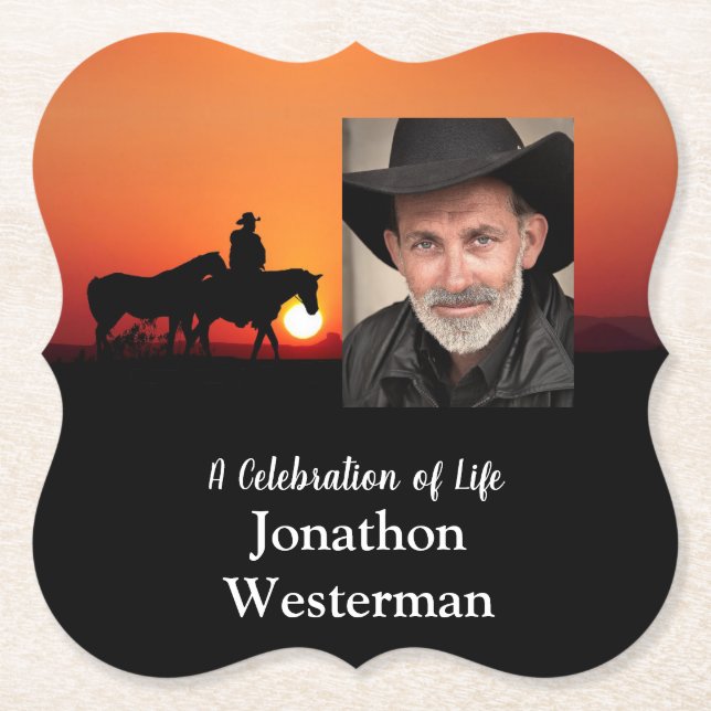 Cowboy-Pferd bei Sonnenuntergang Feier des Lebens Untersetzer (Vorderseite)