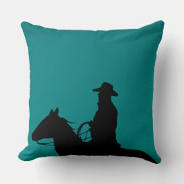 Cowboy & Pferd-Silhouette auf aquamarin-grünem Hin Kissen