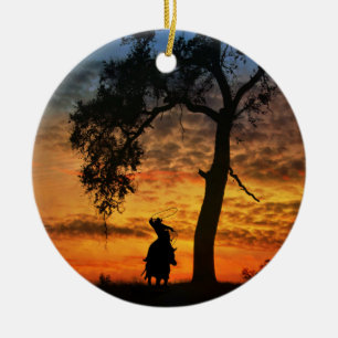Cowboy Pferd und Eichenbaum Steer Roping Keramik Ornament