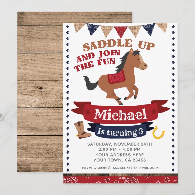 Cowboy, Pferd zum Geburtstag Einladung (Vorne/Hinten)