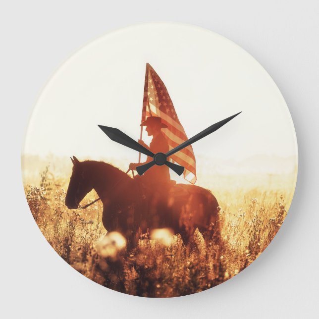 Cowboy Portrait USA Flag Thema. Große Wanduhr (Vorderseite)