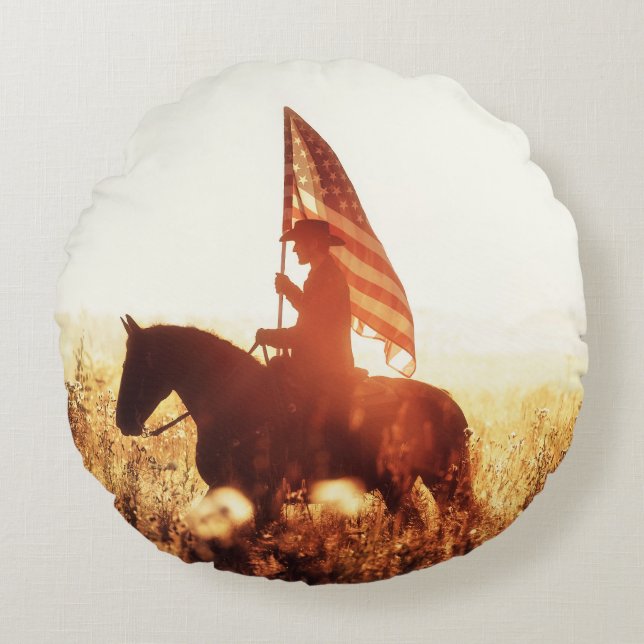 Cowboy Portrait USA Flag Thema. Rundes Kissen (Vorderseite)