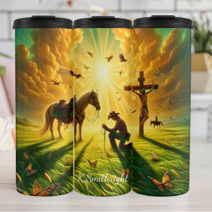Cowboy Prays bei Crucifixe Pferdeweide Thermosbecher