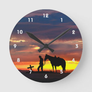 Cowboy Prière Silhouette Horloge murale