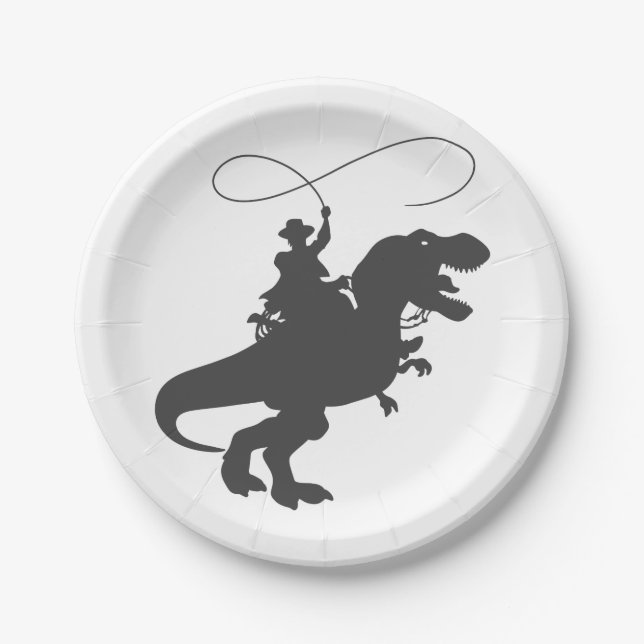 Cowboy reiten Dinosaurier in der prähistorischen Z Pappteller (Vorderseite)