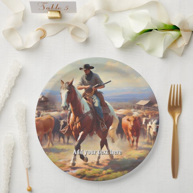 Cowboy reiten ein Paint Horse Pappteller (Hochzeit)