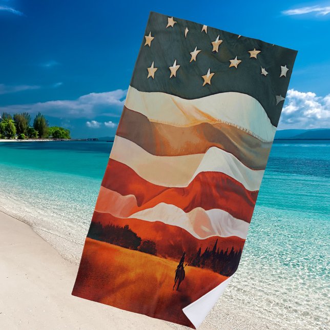 Cowboy reiten in US Flag Stars Streifen Sonnenunte Strandtuch (Von Creator hochgeladen)