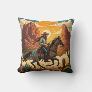 Cowboy reitet auf einem Pferd bei Sonnenuntergang Kissen