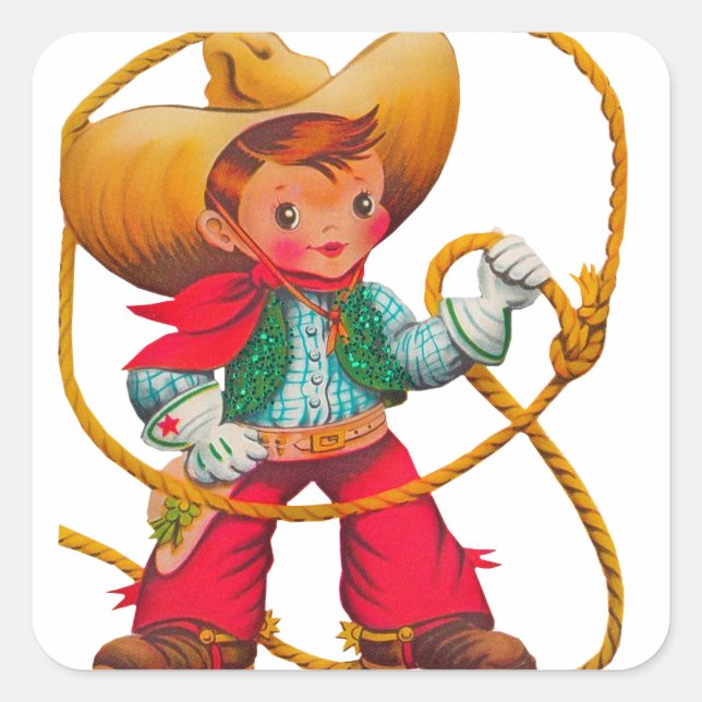 Cowboy Retro Boy Kind Niedlicher Western Quadratischer Aufkleber (Vorderseite)